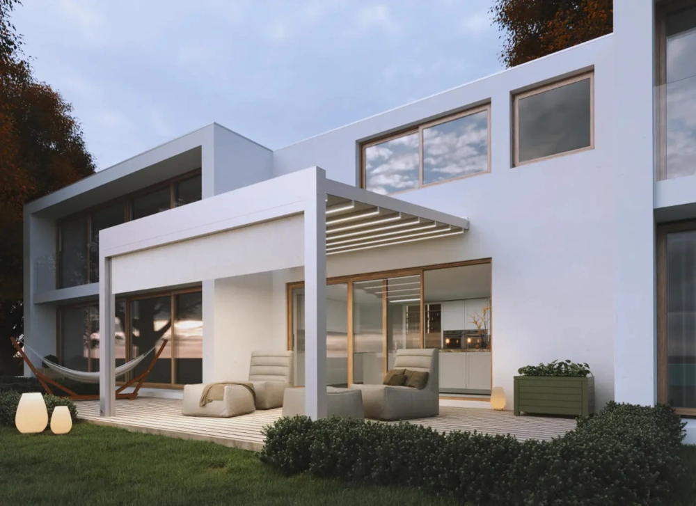 Nowoczesne zadaszenie na taras z aluminiową pergolą i meblami ogrodowymi przy domu