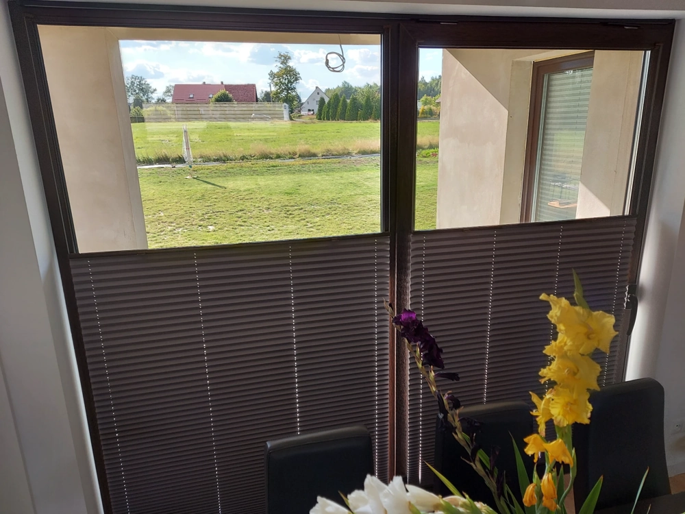 Plisy montowane od góry i od dołu na dwuskrzydłowym oknie z widokiem na ogród
